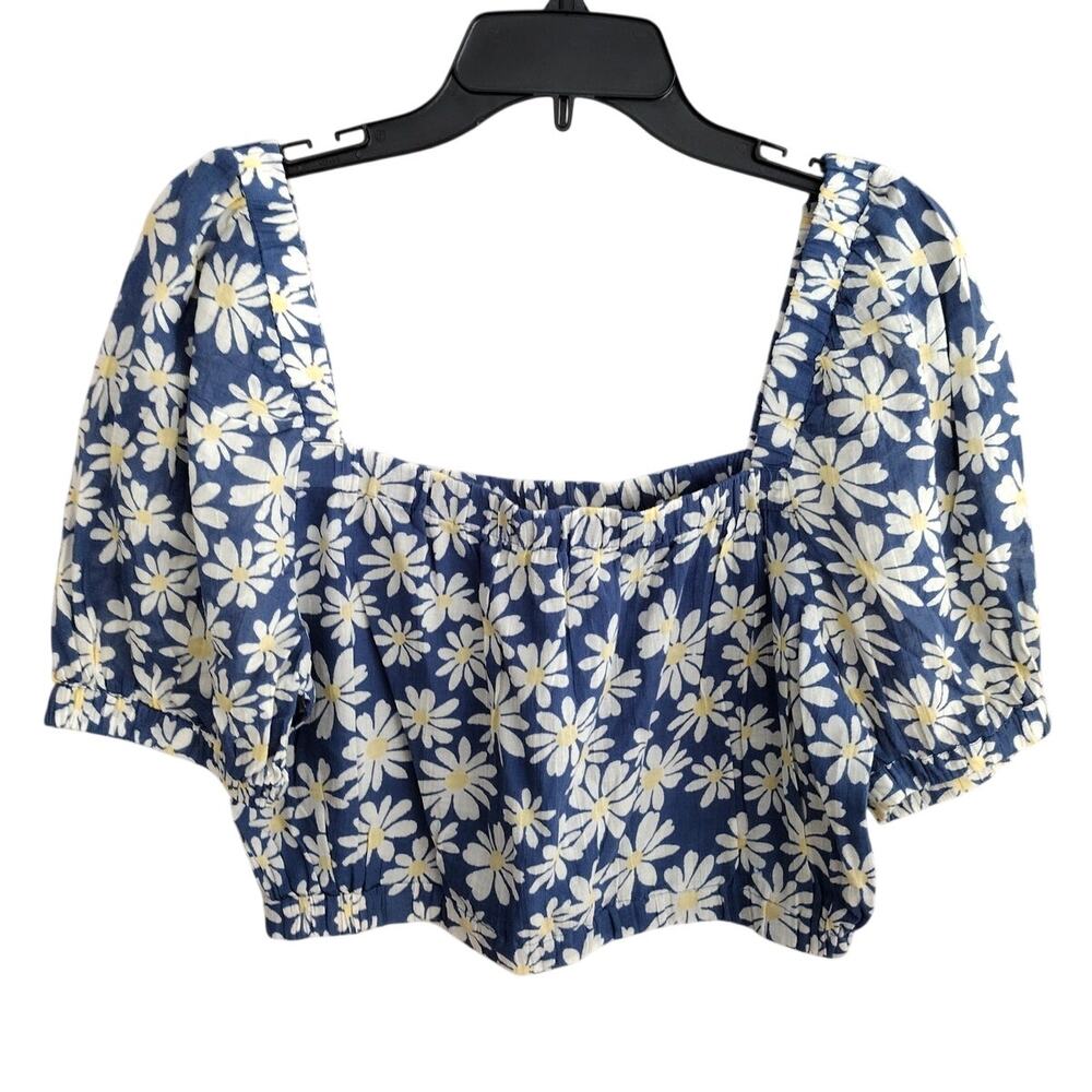American Eagle NEW Blue Retro Daisies Square-Neck Puff-Sleeve Crop Top Medium